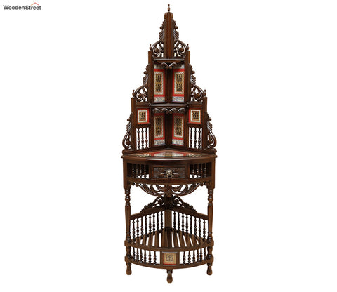 Quadro Teak Wood Corner Table with Storage and Carved Elevation