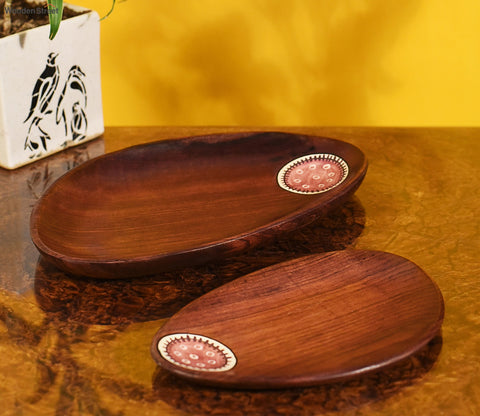 Tribal Art Wooden Platter Oval Shape Set of 2 (Handcrafted)