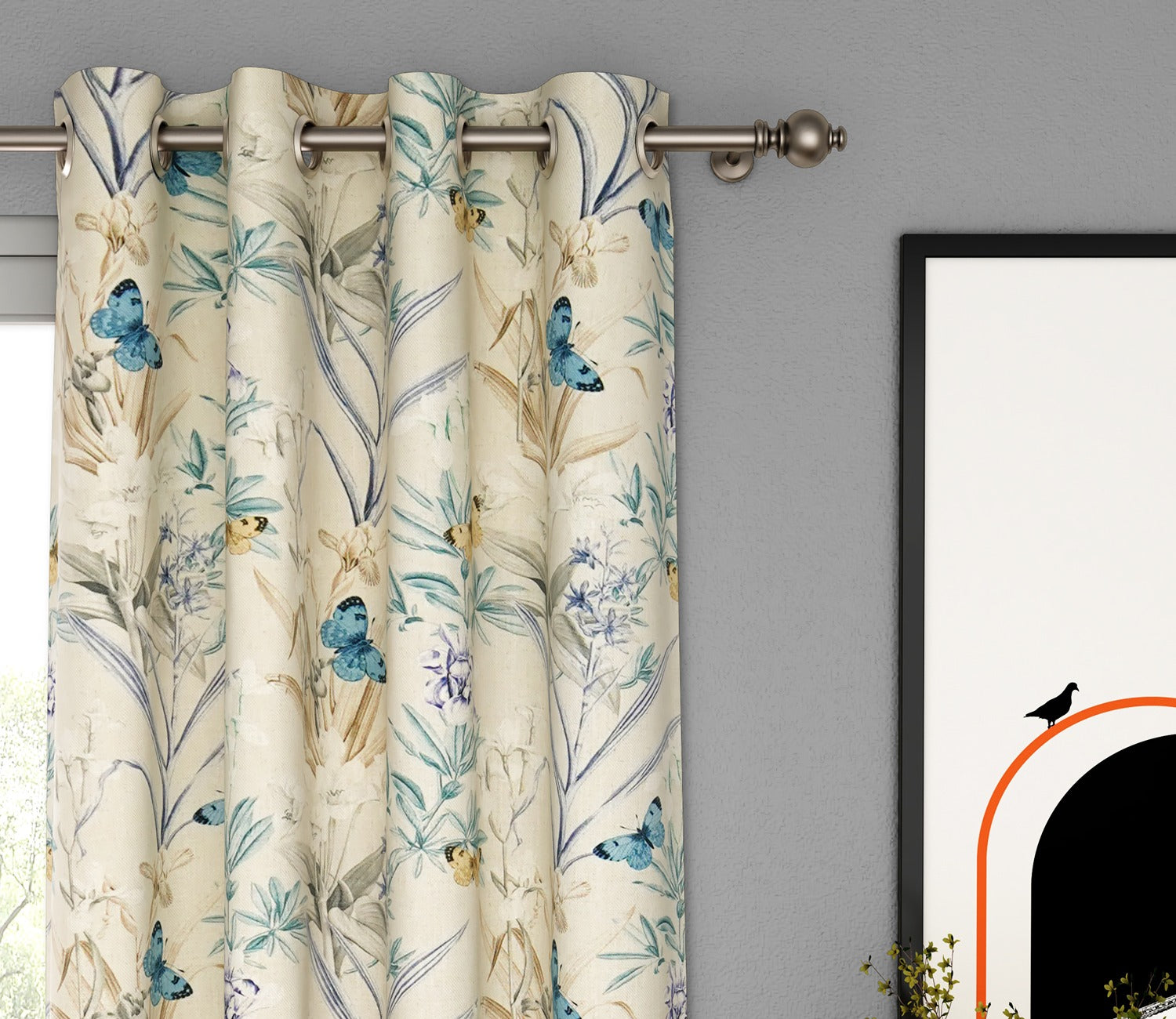 Butterfly 1 Piece Light-Filtering Curtain (Blue, 7 Feet)