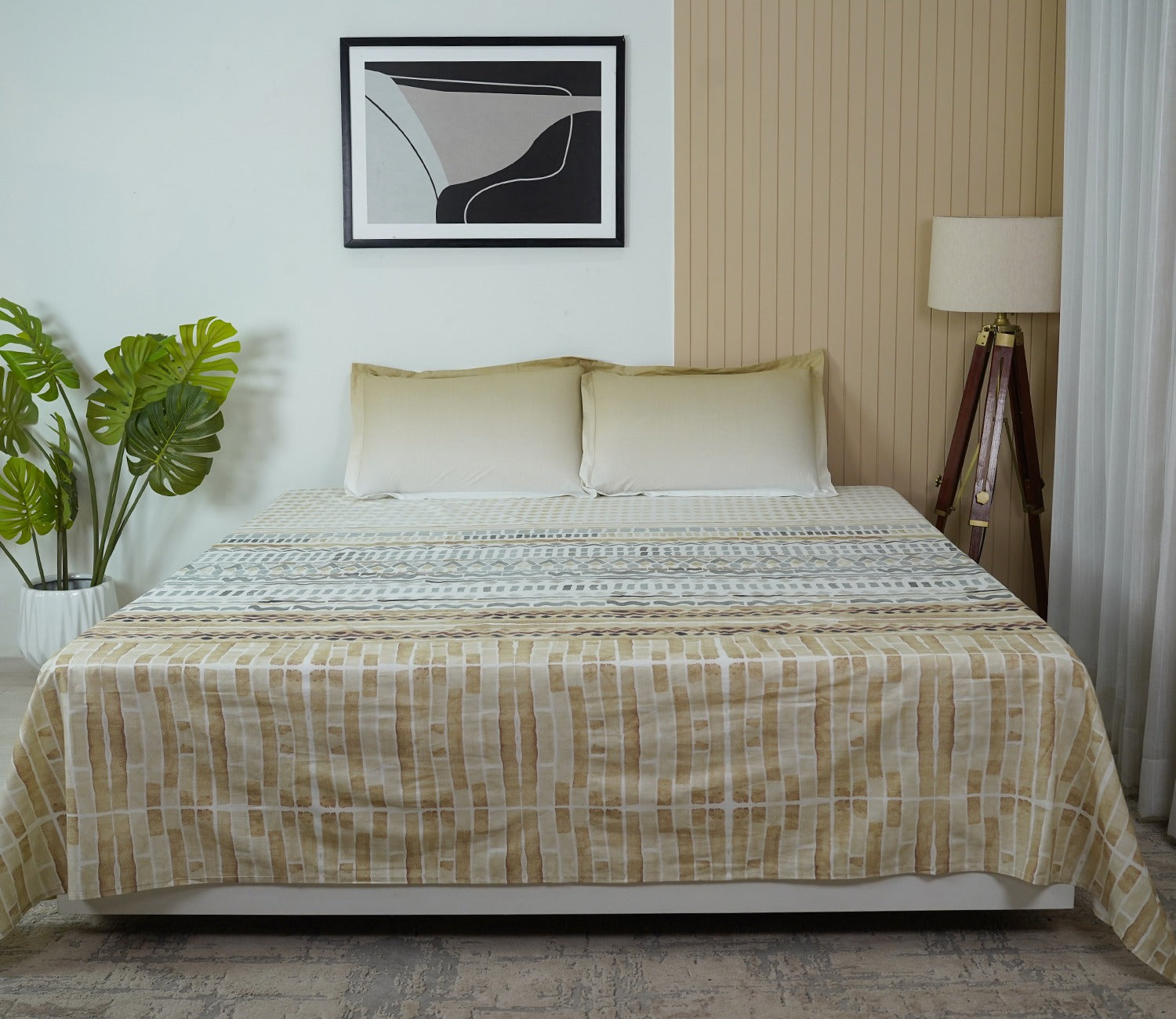 Dotted 144 TC Flat Pure Cotton King Size Bedsheet With 2 Pillow Covers (Cream)