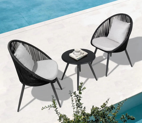 Black Rope 2 Seater Chair With Table And Off White Cushions Patio Set