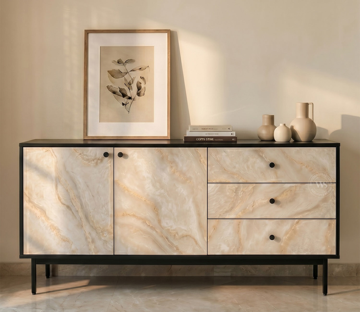 Marbay Modern Black Sideboard & Cabinet with Textured Front & Metal Base (Engineered Wood, Marble Pattern)