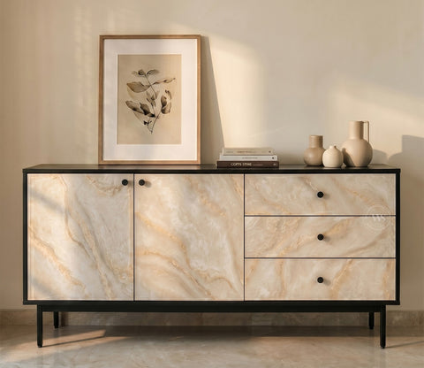 Marbay Modern Black Sideboard & Cabinet with Textured Front & Metal Base (Engineered Wood, Marble Pattern)