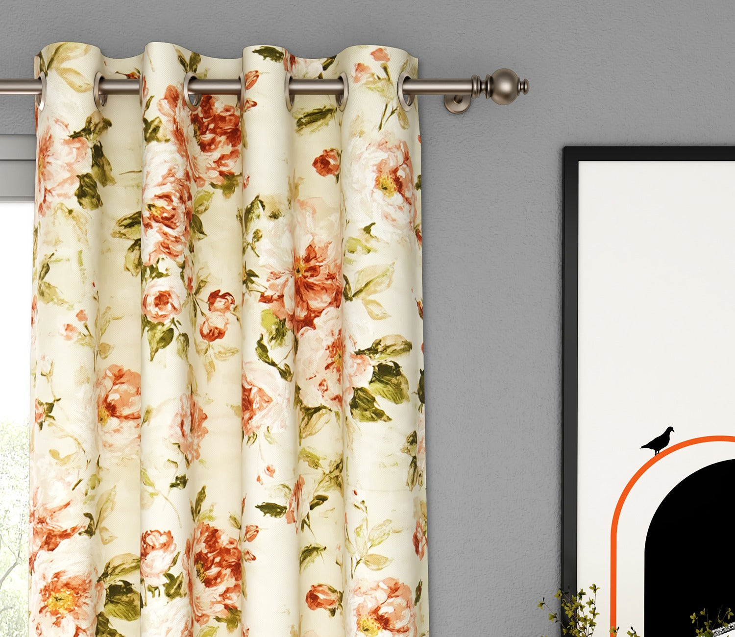 Bloom Floral Print Light-Filtering Door Curtains Set of 2 (Orange, 7 Feet)