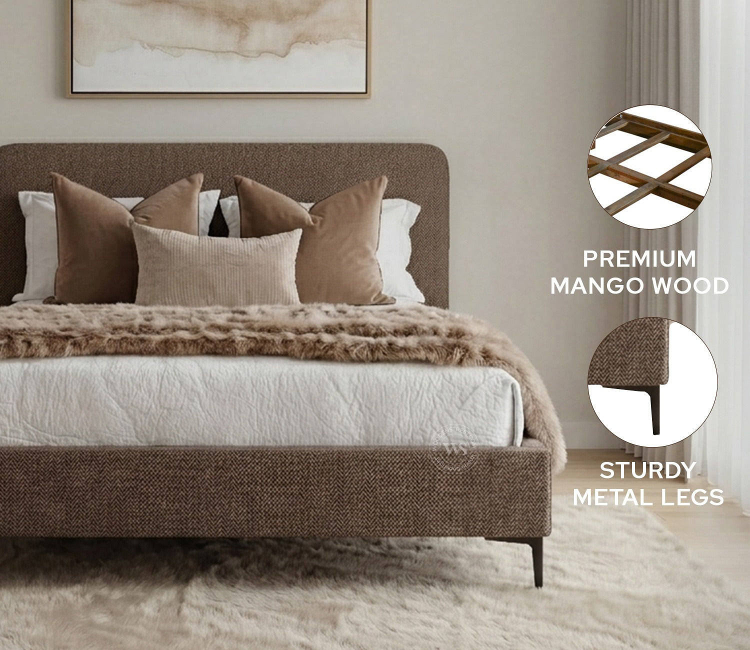 Andreas Premium Fabric Bed with Curved Headboard & Without Storage (Queen Size, Sand Brown)