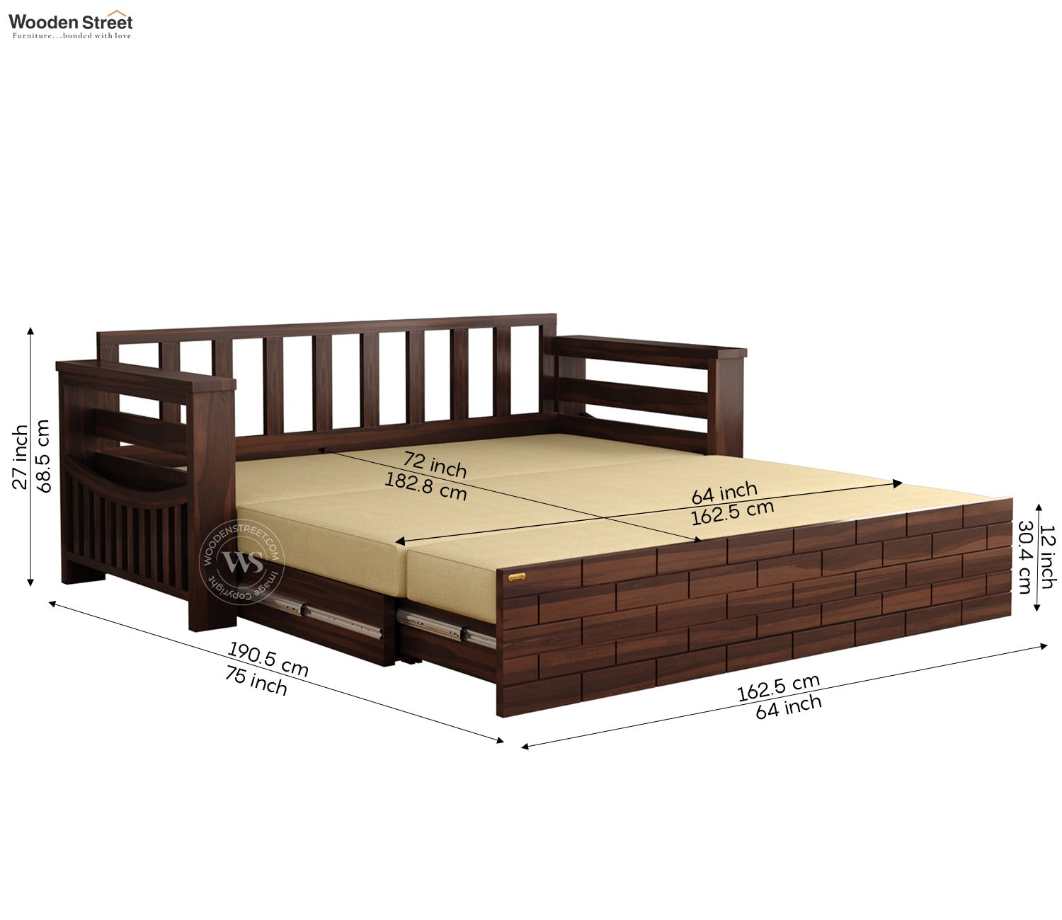 Sereta 3 Seater Sheesham Wood Sofa Cum Bed (King Size, Walnut Finish)