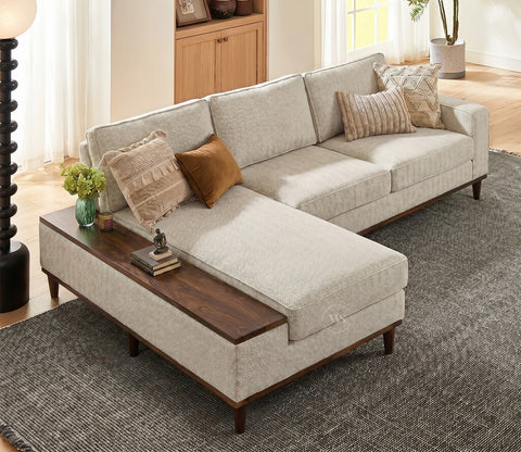 Ashion Premium Left Aligned L Shape Sofa with Built-in Side Wooden Deck (Cottage Ivory)