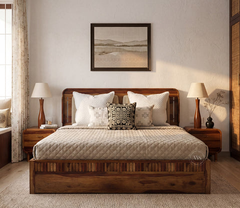 Lotus Premium Sheesham Wood Bed with Drawer Storage (Queen Size, Teak Finish)