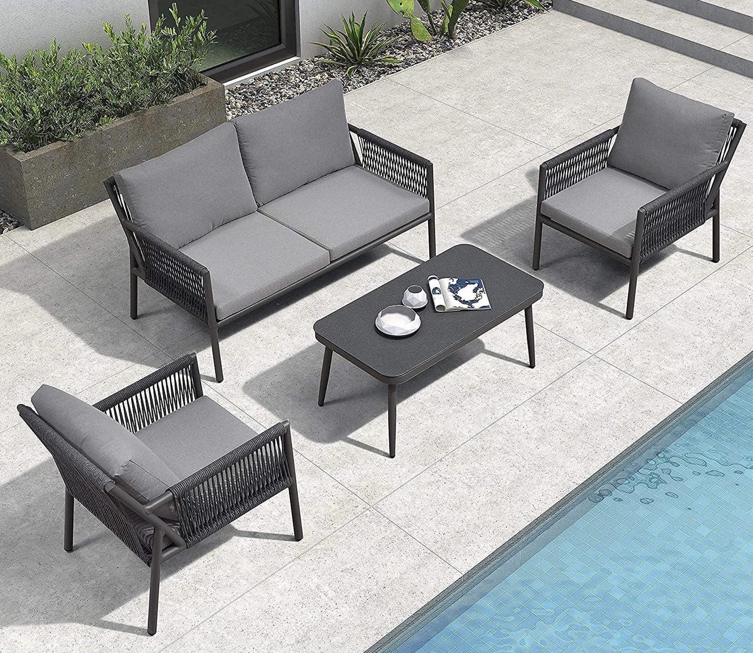 Grey Rope 4 Seater Sofa Set With Table And Grey Cushions
