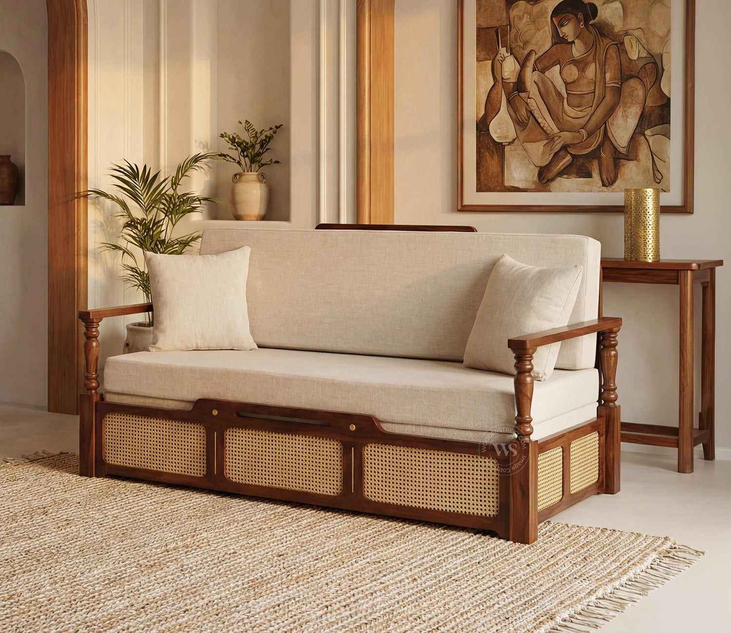 Ayaana Sheesham Wood 3 Seater Sofa Cum Bed with Cane Weaving | Opens to Double Bed (78x62) | Premium Upholstery | Sleeps 2 Adults (Teak Finish, Jade Ivory)