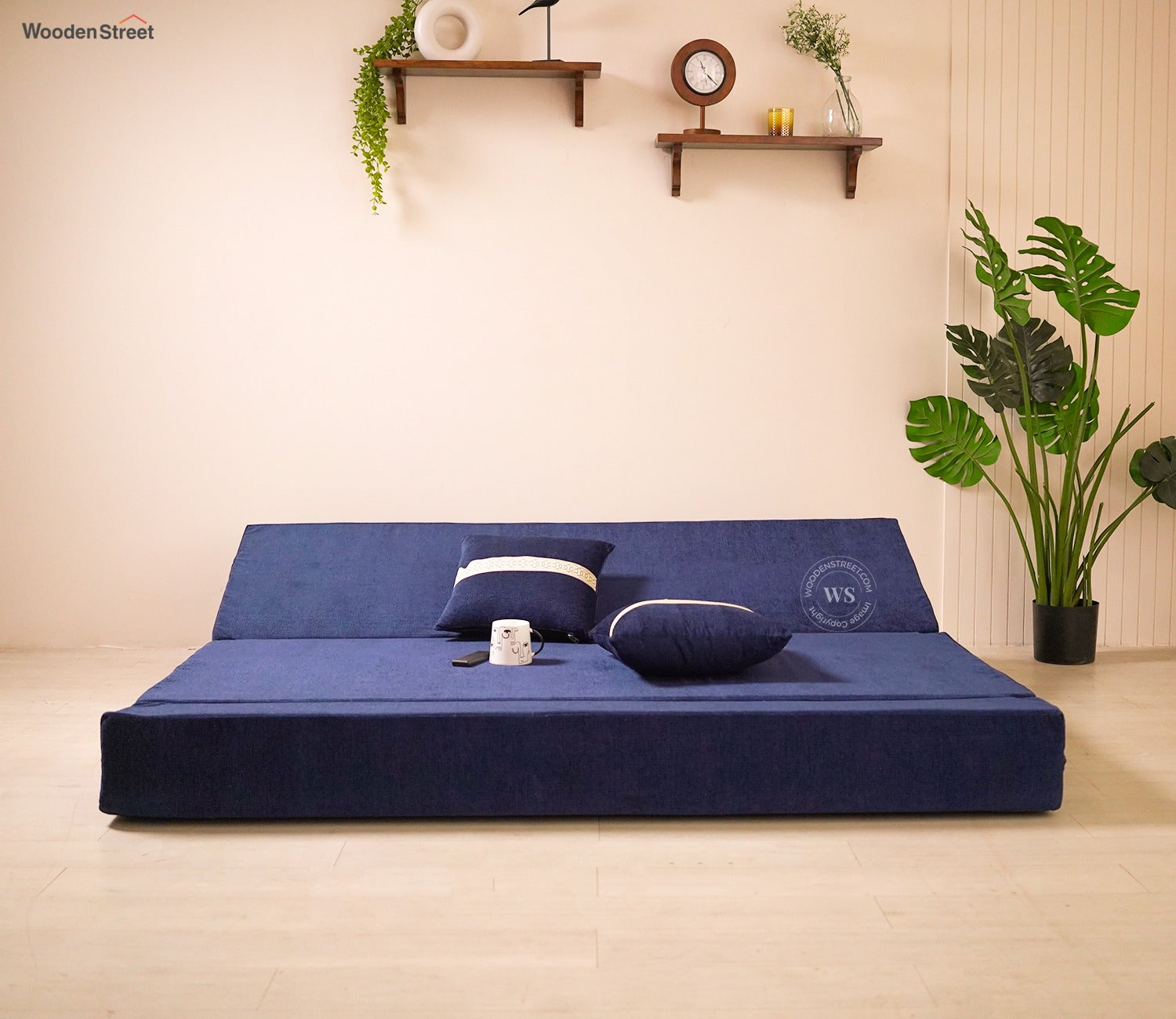 Voltz Fabric Sofa Cum Bed (72 x 72 Inch, Azure Blue)