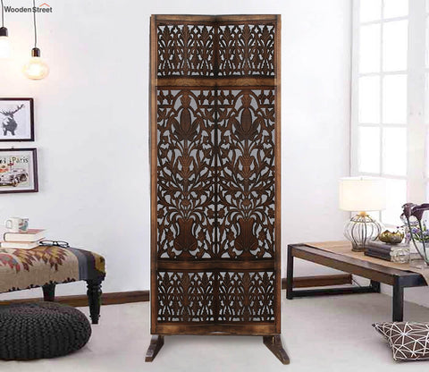 Maverick Floral Hand Carved Wooden Room Divider Single Panel With Stand