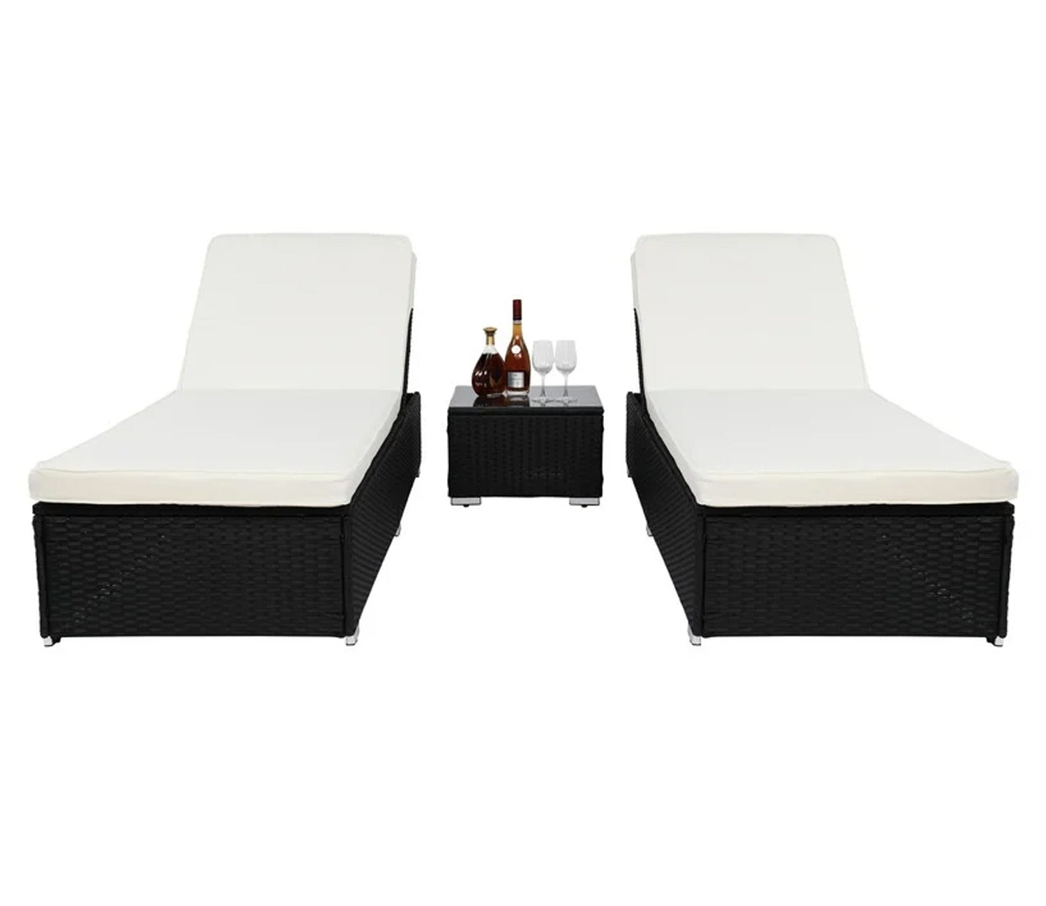 Black Two Rattan Wicker Outdoor Patio Lounger With White Cushions And Table
