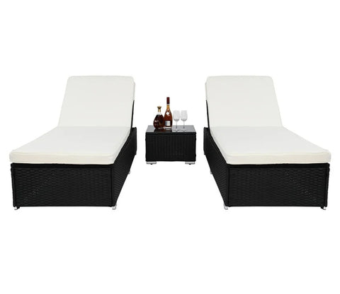 Black Two Rattan Wicker Outdoor Patio Lounger With White Cushions And Table