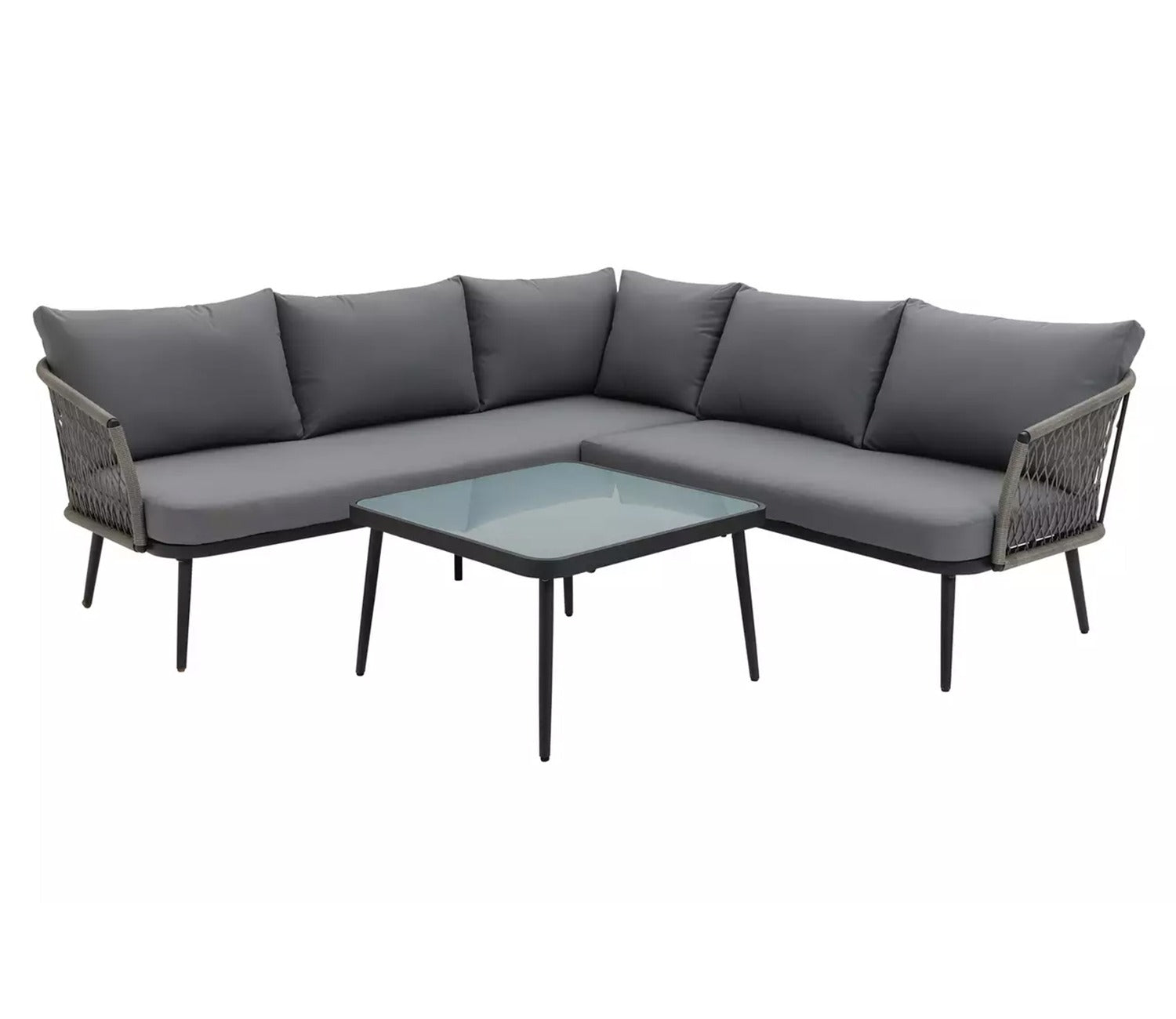 Dark Grey Rope L Shape Sofa Set With Table And Grey Cushions