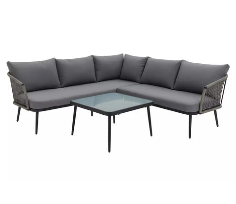 Dark Grey Rope L Shape Sofa Set With Table And Grey Cushions