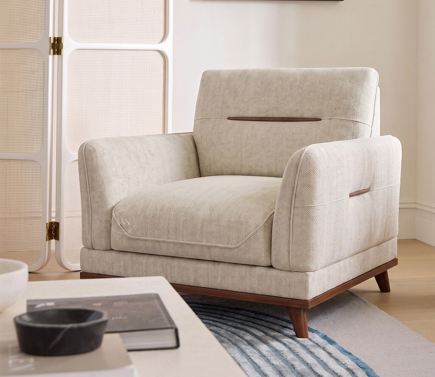 Alvaro 1 Seater Fabric Sofa with Wooden Accents (Cotton, Cottage Ivory)