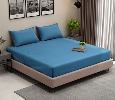 Vegan Dobby Organic Bamboo King Size Bed Sheet with 2 Pillowcases (Blue)