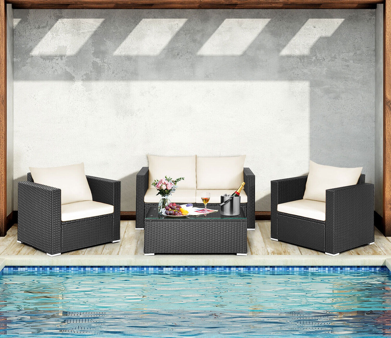 Black Rattan And Wicker 4 Seater Outdoor Furniture Set With Table And Cream Cushions