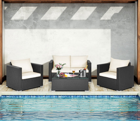 Black Rattan And Wicker 4 Seater Outdoor Furniture Set With Table And Cream Cushions