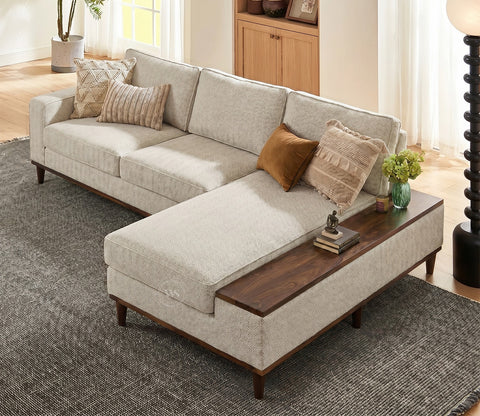 Ashion Premium Right Aligned L Shape Sofa with Built-in Side Wooden Deck (Cottage Ivory)