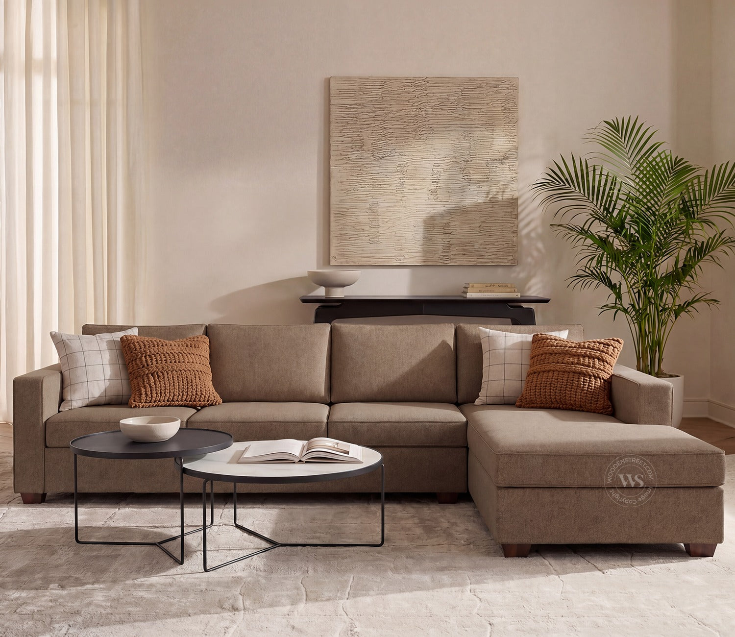 Albus L-Shape 5 Seater Right Aligned Sofa (Cotton, Sand Brown)