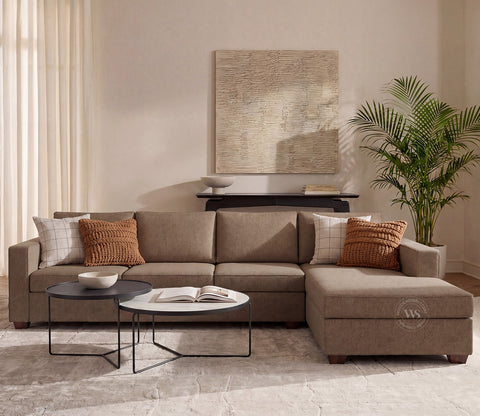 Albus L-Shape 5 Seater Right Aligned Sofa (Cotton, Sand Brown)