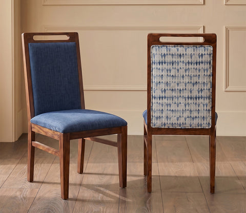 Hazel Sheesham Wood Premium Cotton Cushioned Dining Chair - Set of 2 (Cotton, Honey Iris Blue)