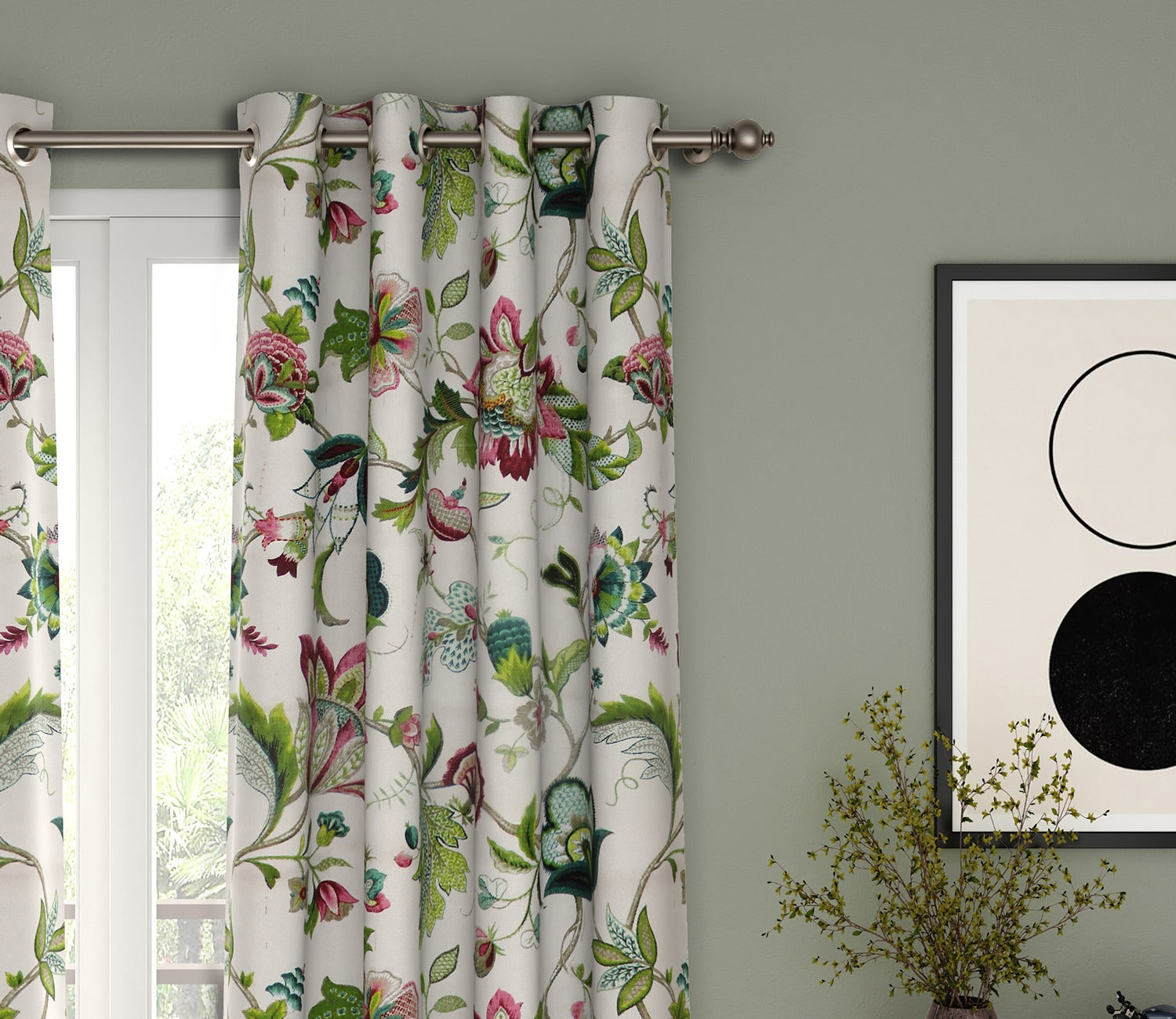 Rose Vineyard Floral Printed Set of 2 Cotton Black Out 7ft Door Curtain (84x54)