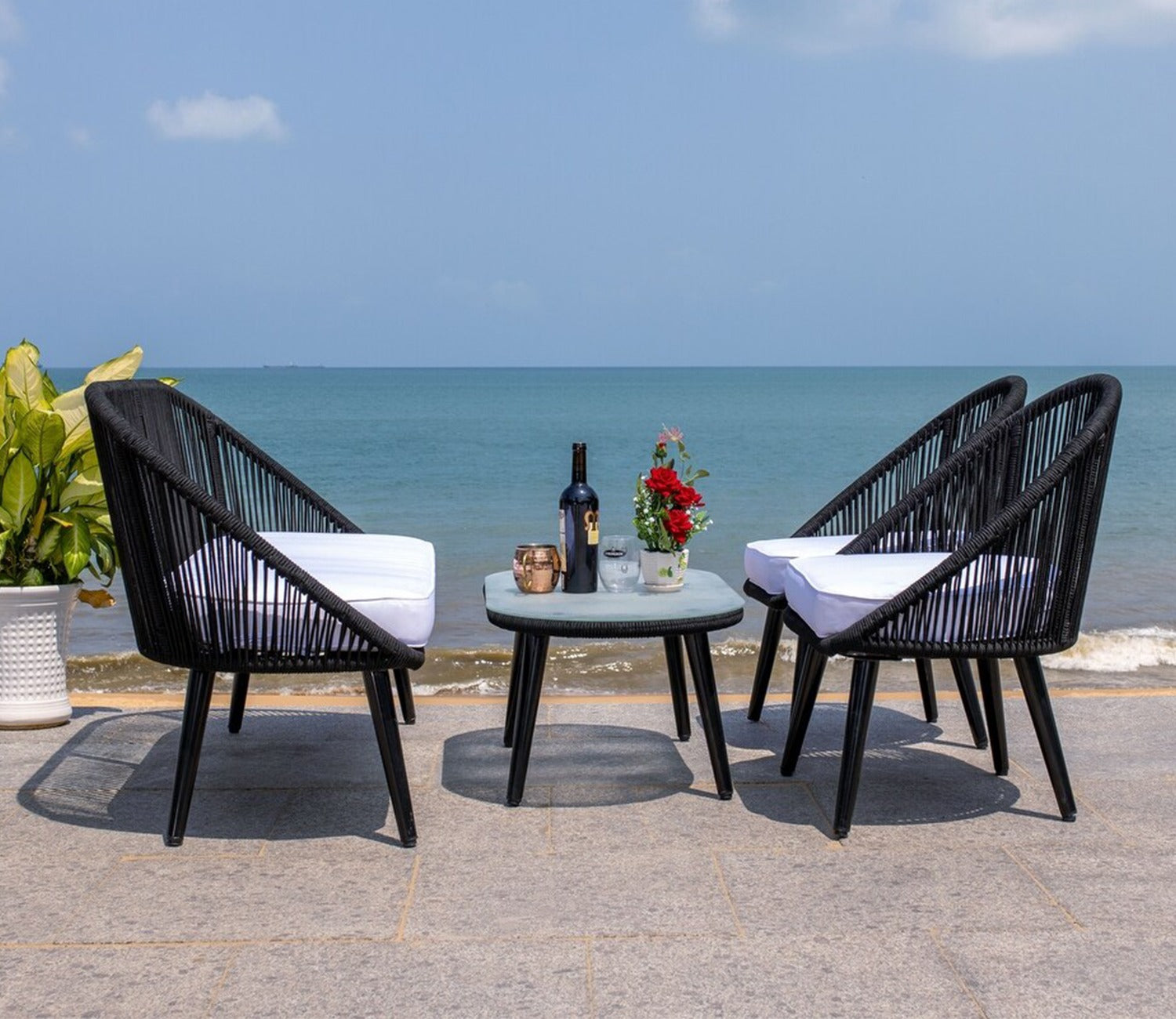 Black Rope 4 Seater Sofa With Table And White Cushions Patio Set