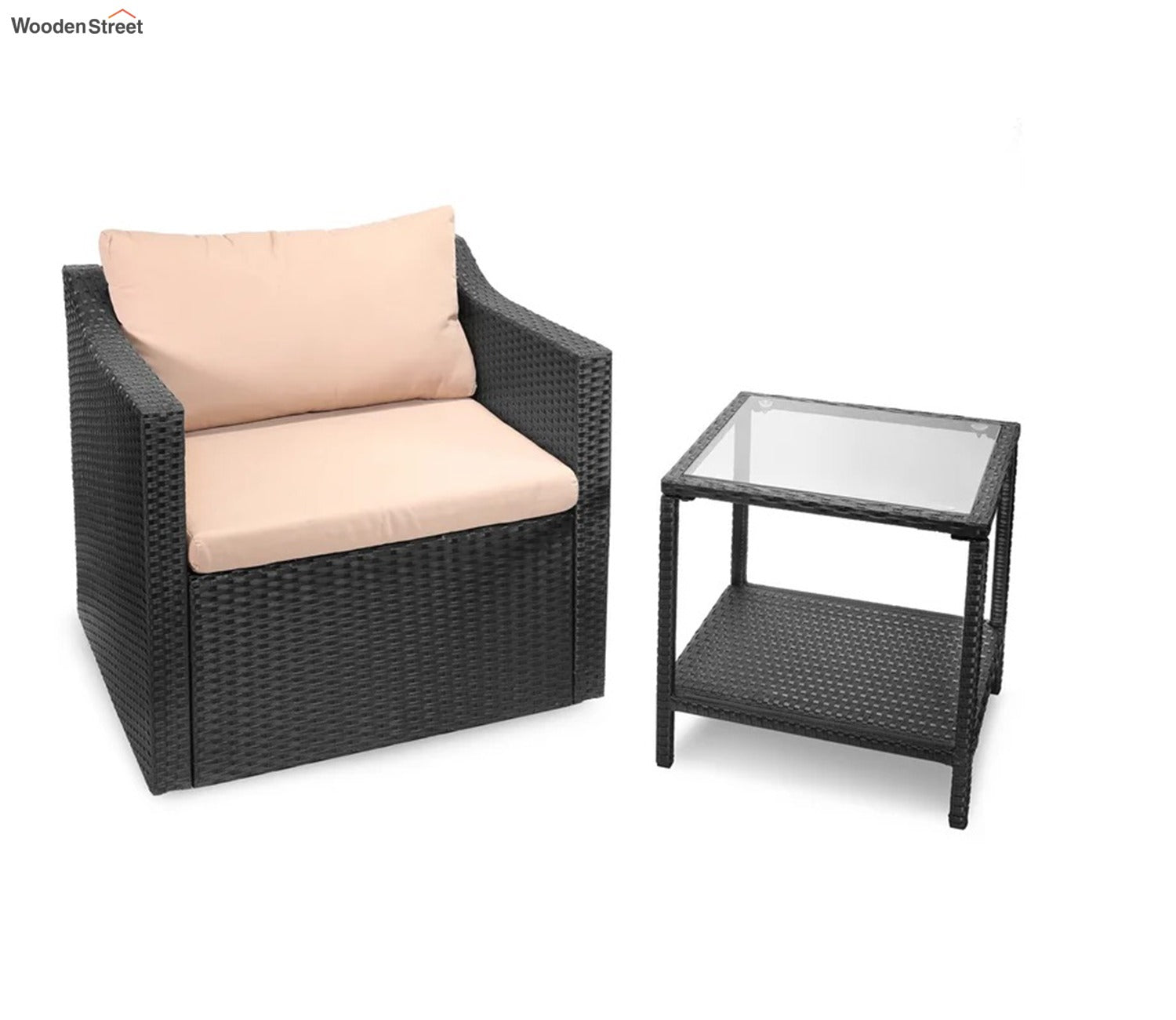 Brown Rattan And Wicker Outdoor Furniture Set With Table And Cushions