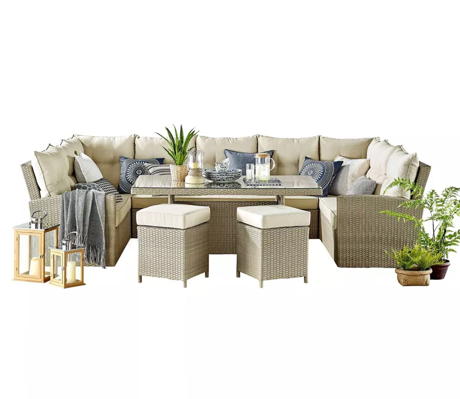 Beige Rattan And Wicker Patio Set With Table And Off White Cushions
