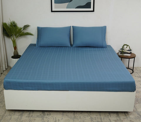 Dobby Checks Organic Bamboo 300 TC 2 Pillowcases and 1 Fitted Bedsheet (Blue, King Size)