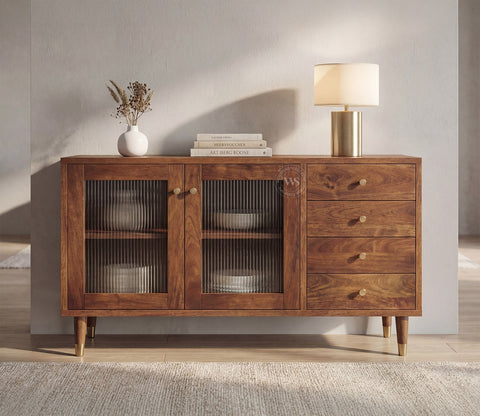 Briska Mango Wood Cabinet with Fluted Glass & Drawer Storage (Teak Finish)