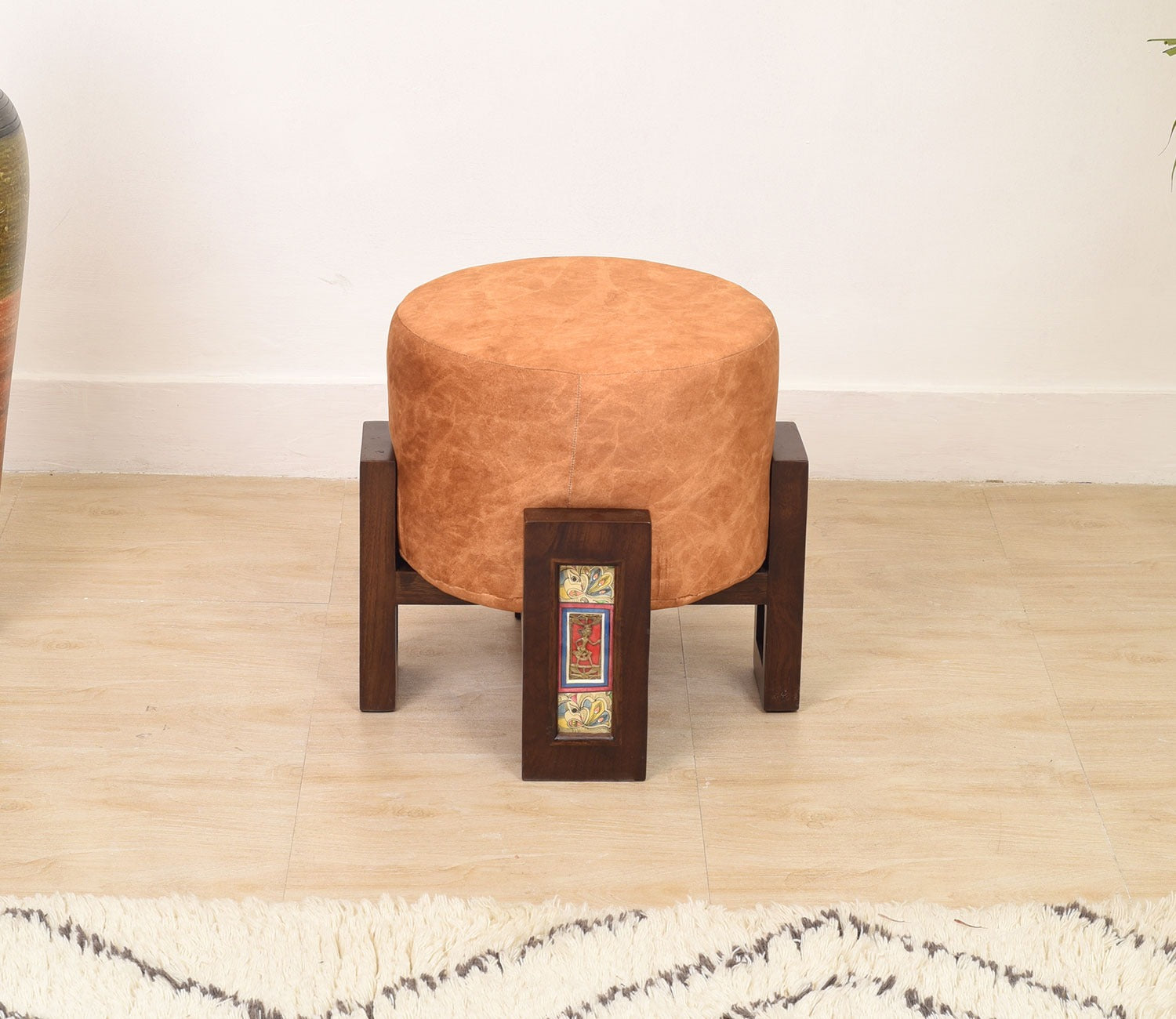 Pouffe Teak Handcrafted Dhokra Mdhbni Orange