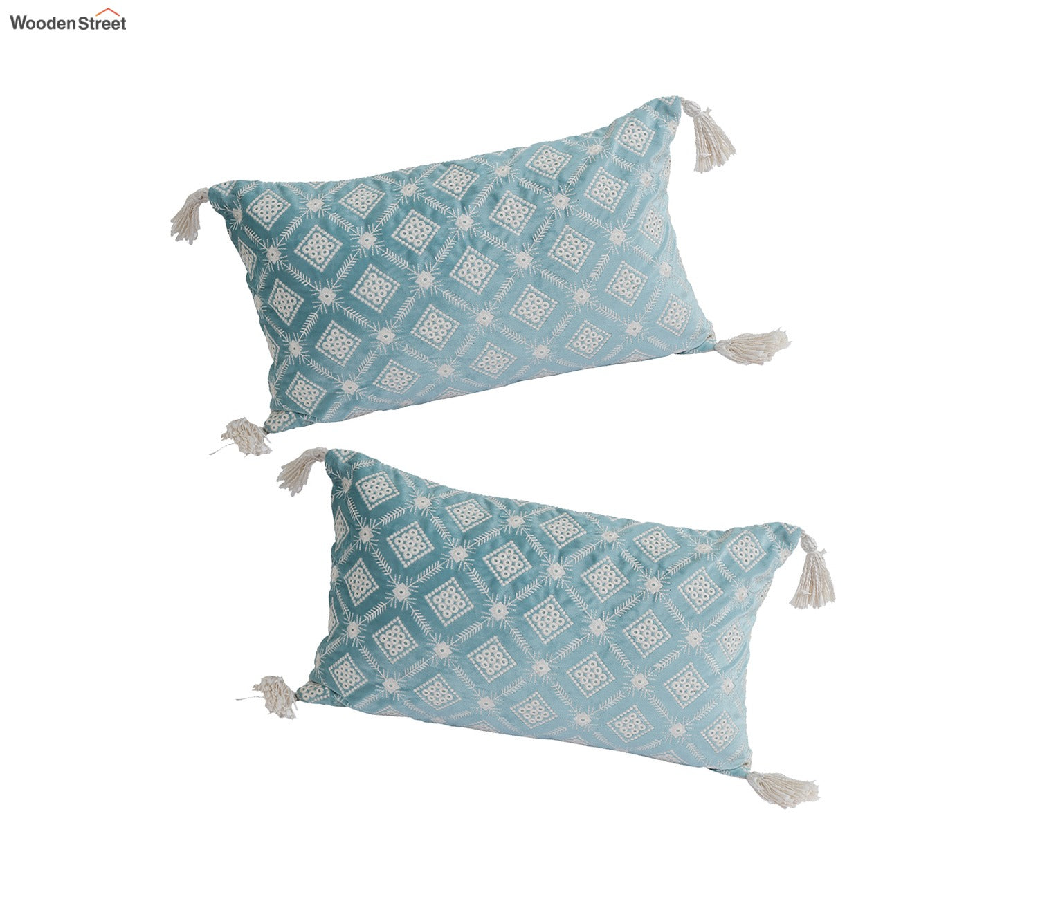 Super Soft Ethnic Design Set of 2 Embroidered Cushion Cover (Light Blue, 20 x 12 inches)