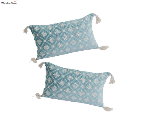 Super Soft Ethnic Design Set of 2 Embroidered Cushion Cover (Light Blue, 20 x 12 inches)