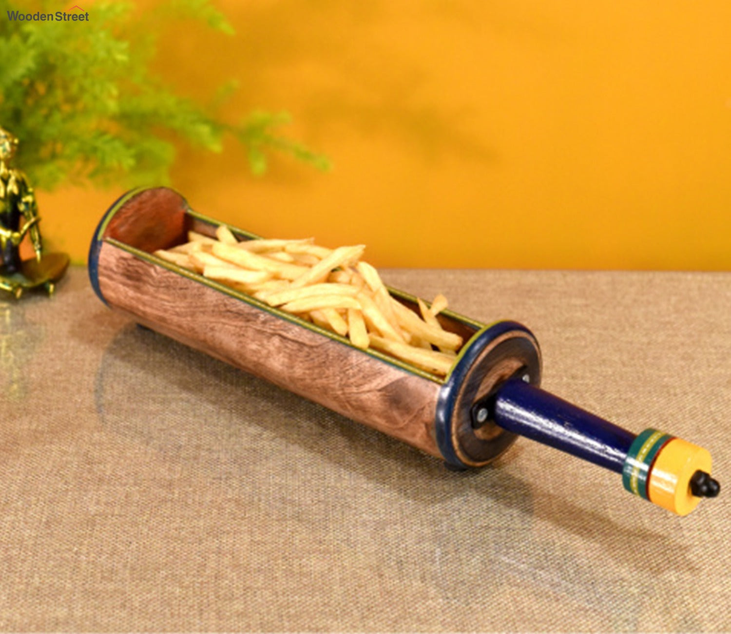 Midnight Blue Colour Wooden Snack Server In Exotic Tabular Shape With Stylish Metal Handle