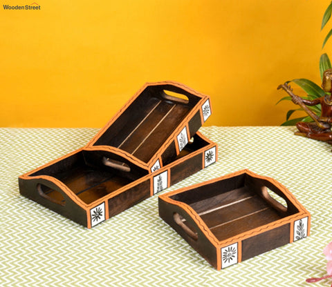 Natural Brown Handcrafted Tribal Art Serving Trays - Set of 3