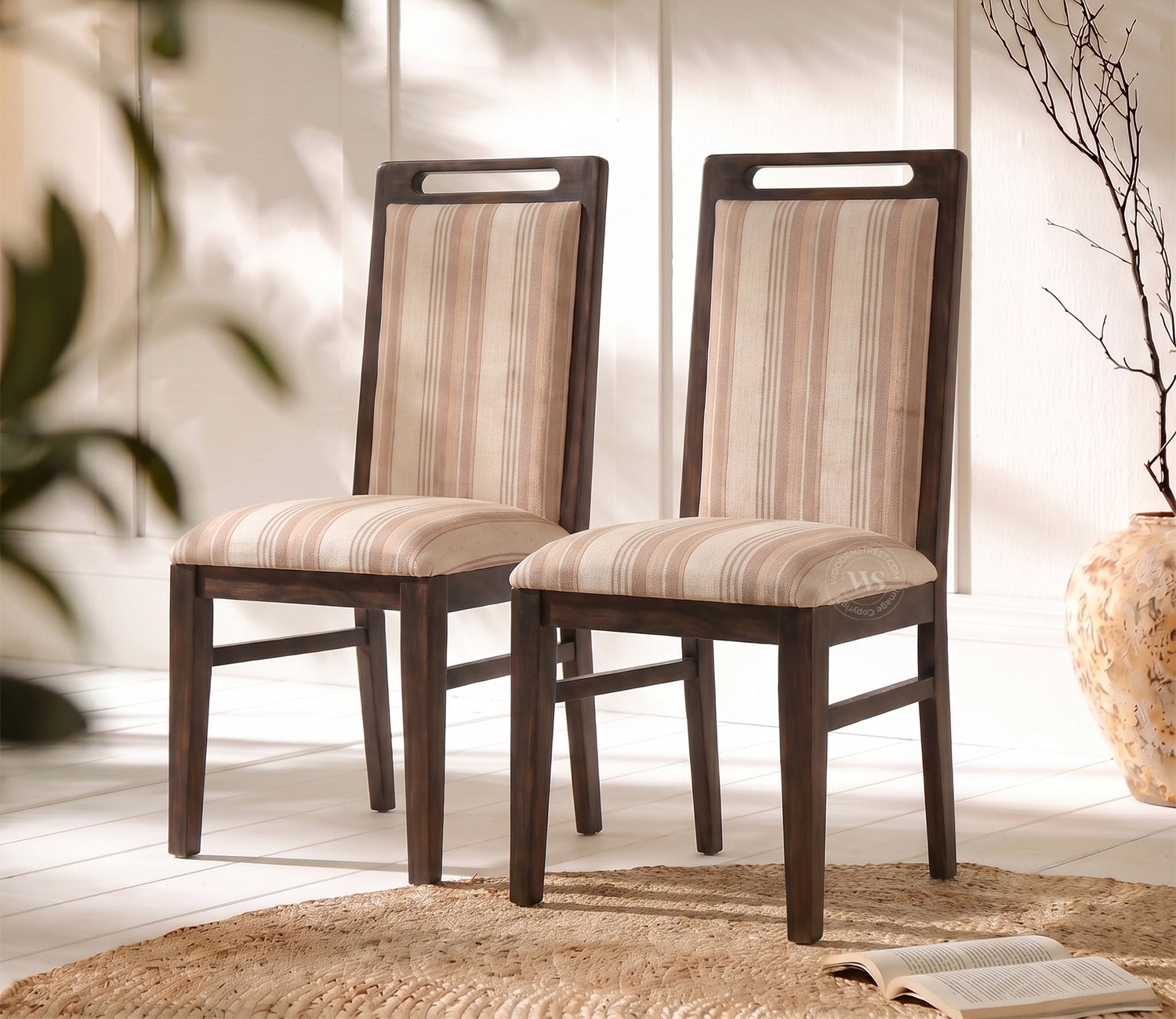Hazel Sheesham Wood Premium Cotton Cushioned Dining Chair - Set of 2 (Cotton, Walnut Cream Stripe)