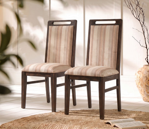 Hazel Sheesham Wood Premium Cotton Cushioned Dining Chair - Set of 2 (Cotton, Walnut Cream Stripe)