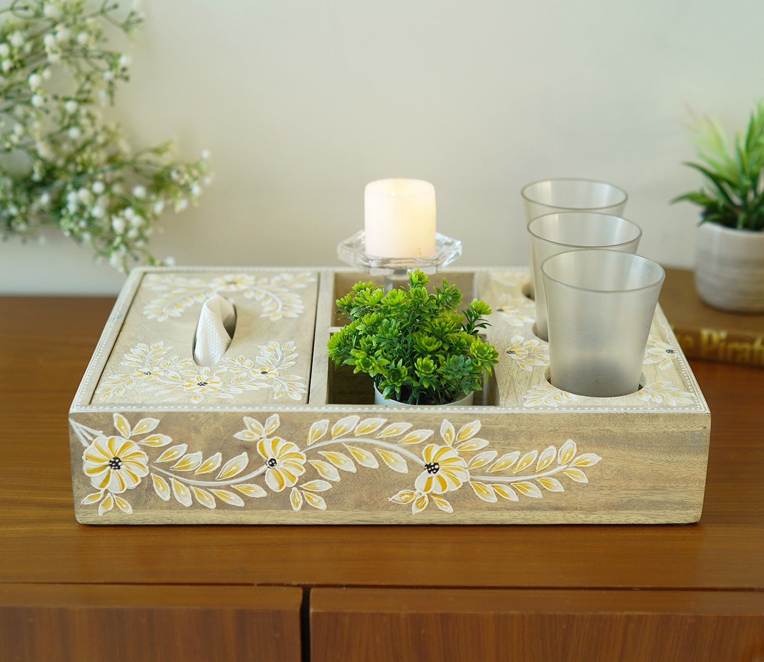 Adiva Floral Hand Painted Multistorage Wooden Tray