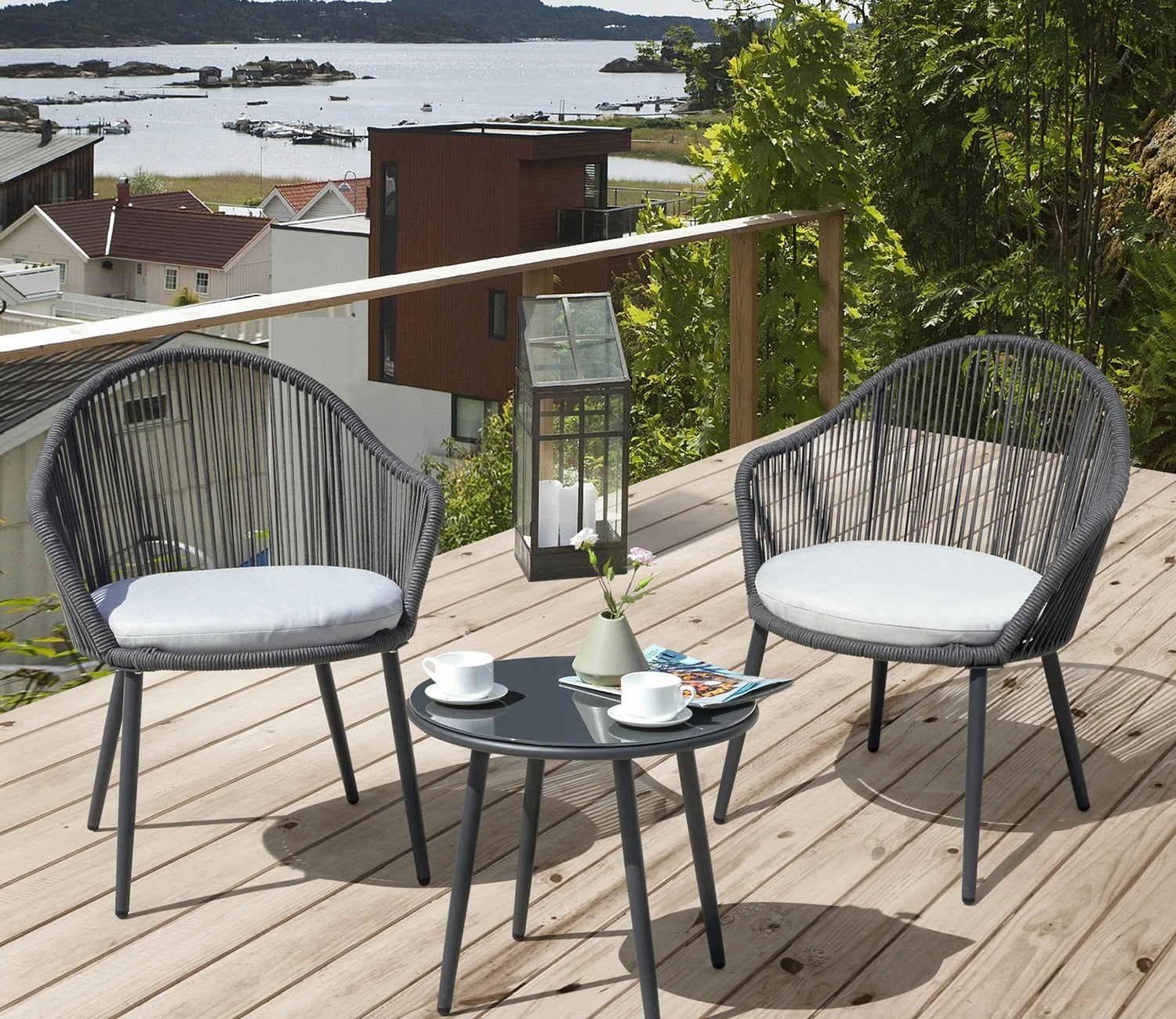 Dark Grey Rope 2 Seater Chair With Table And Off-White Cushions Balcony Sets