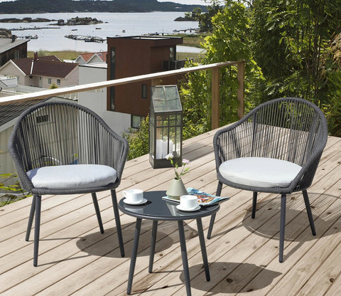 Dark Grey Rope 2 Seater Chair With Table And Off-White Cushions Balcony Sets