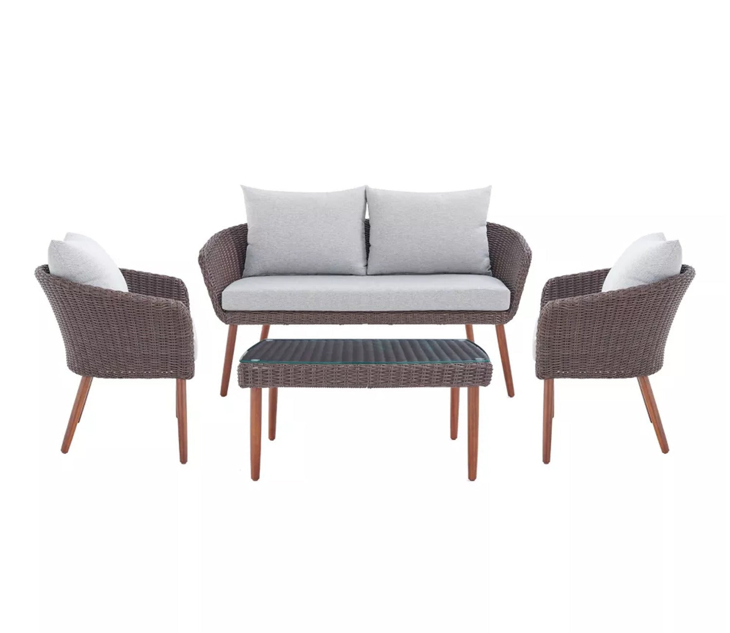 Dark Brown Rattan And Wicker 4 Seater Patio Set With Table And Grey Cushions
