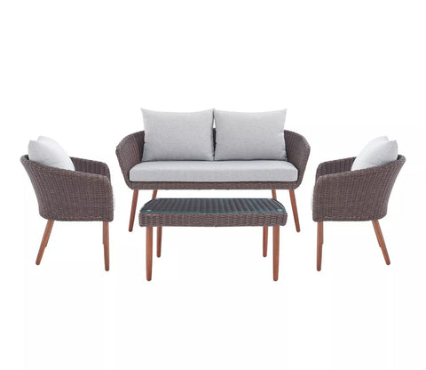 Dark Brown Rattan And Wicker 4 Seater Patio Set With Table And Grey Cushions