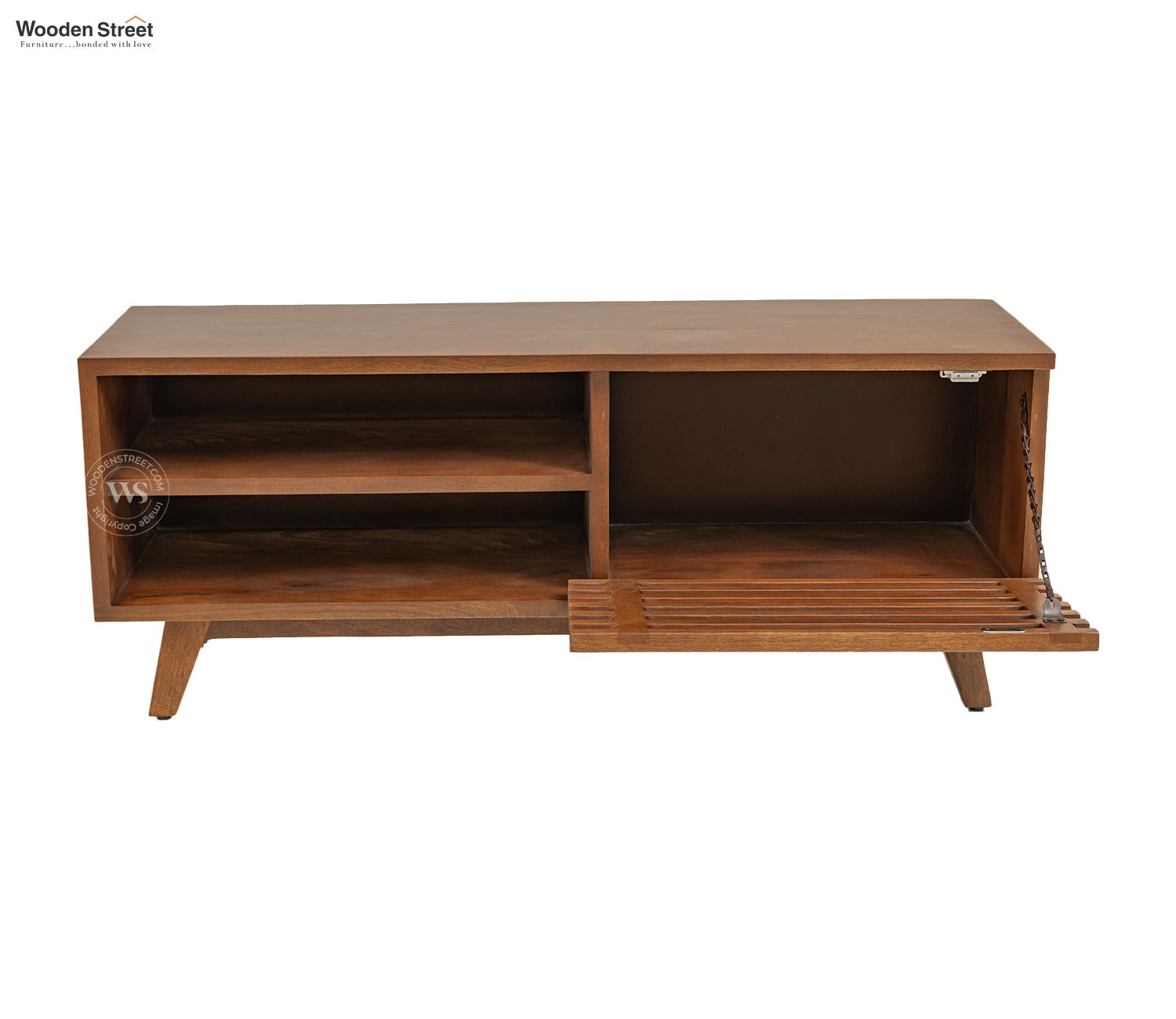 Axcel Mango Wood TV Unit with Pull-Down Drawer & Open Shelves (Teak Finish)