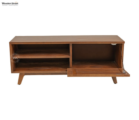 Axcel Mango Wood TV Unit with Pull-Down Drawer & Open Shelves (Teak Finish)