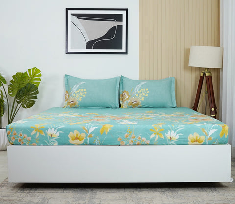 Marigold 144 TC Flat Pure Cotton King Size Bedsheet With 2 Pillow Covers (Blue)