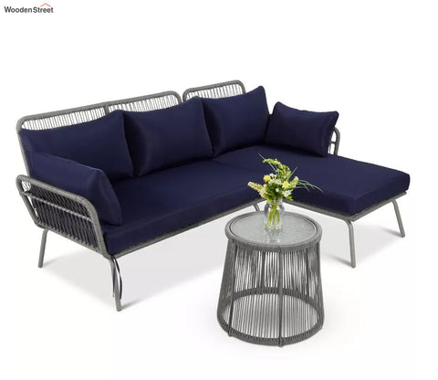 Grey Detachable L Shaped Rope Outdoor Sofa with Table and Dark Blue Cushion Set
